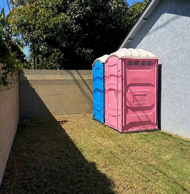 Pink and blue porta potties placed in a backyard side yard