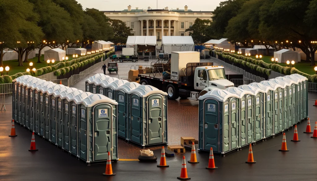 Festival porta potty bank with barricades in McAllen, Texas